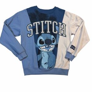 Disney Stitch Varsity Style Color-block Blue and White Men's Sweatshirt Small